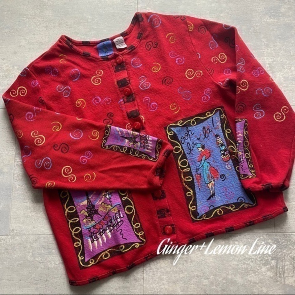 SPORT ELLE Red La Tour Eiffel Painted Button Down Sweater Sz.L